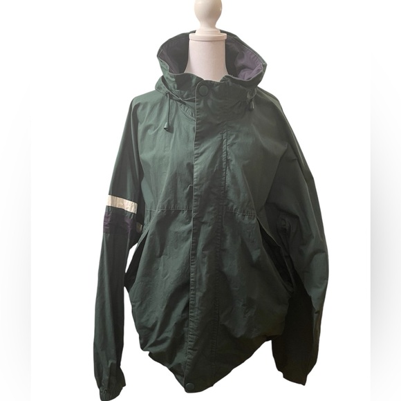 Vintage 90s Nautica Forest Green Windbreaker / Raincoat w fold up hood- Size XL - Picture 7 of 13